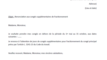 Lettre de renonciation aux jours de fractionnement