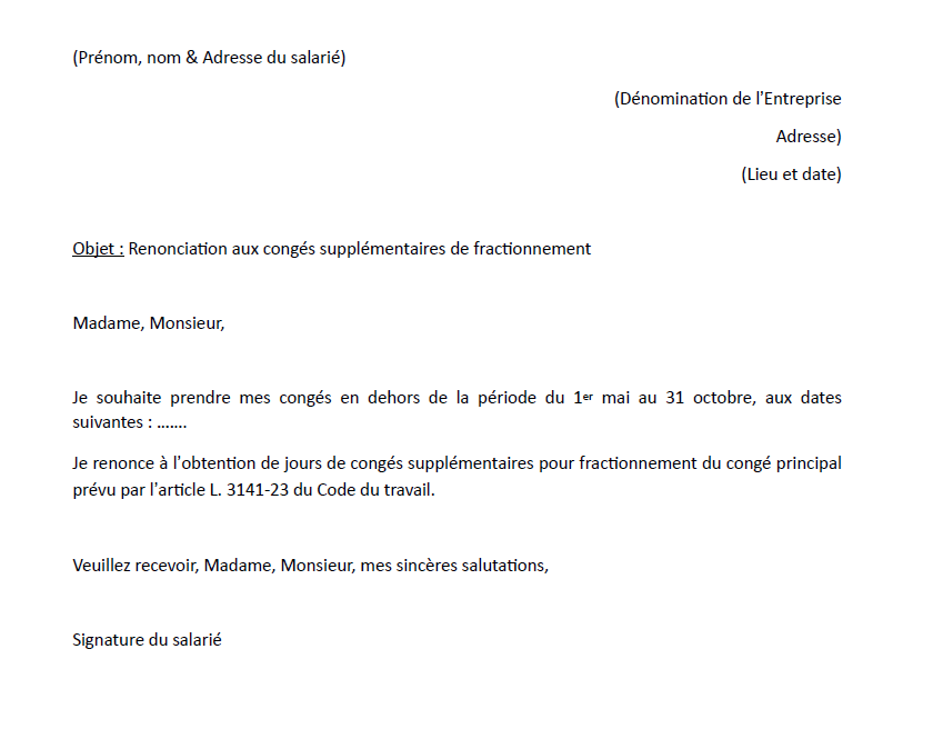 Lettre de renonciation aux jours de fractionnement