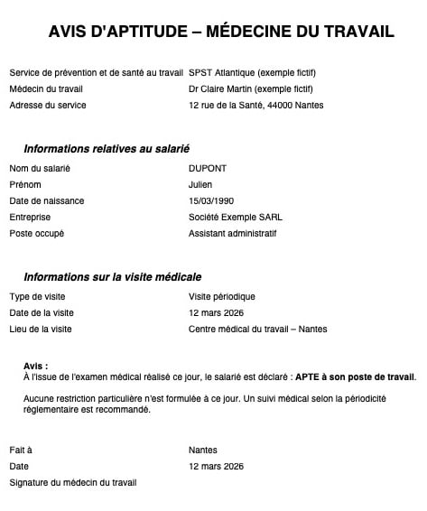 Exemple avis d'aptitude médecine du travail